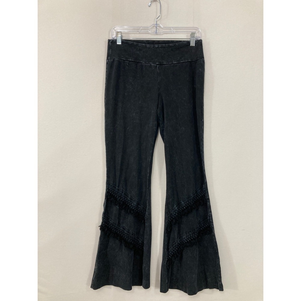 Chatoyant Flare Pants Large Black‎ Mineral Wash Fringe Lace Boho Bell Bottom